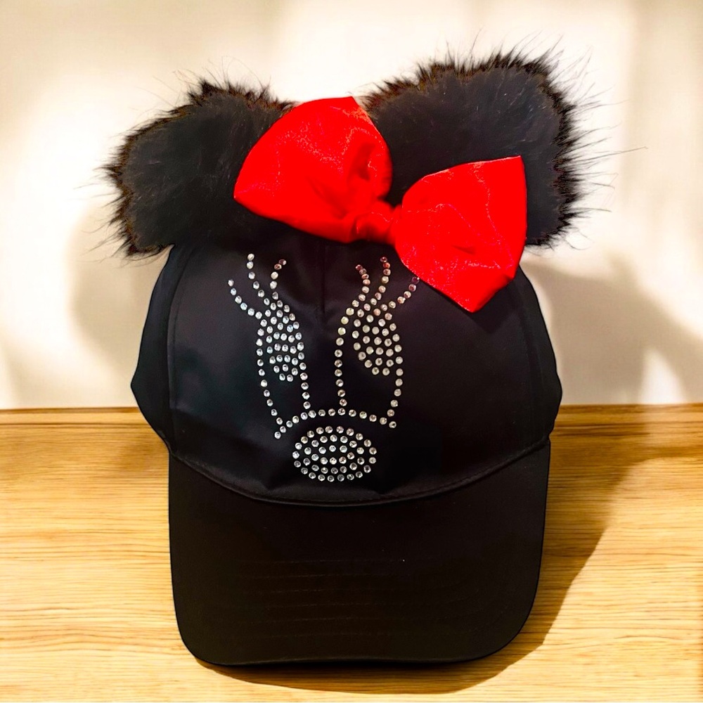 NWOT Mickey Mouse Disney Black Satin, Red Satin Bow, Rhinestone Mini Mouse Face